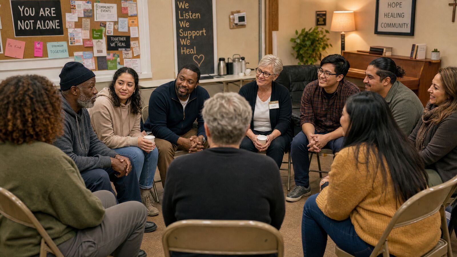 A diverse community support group of many races encouraging one another in a circle
