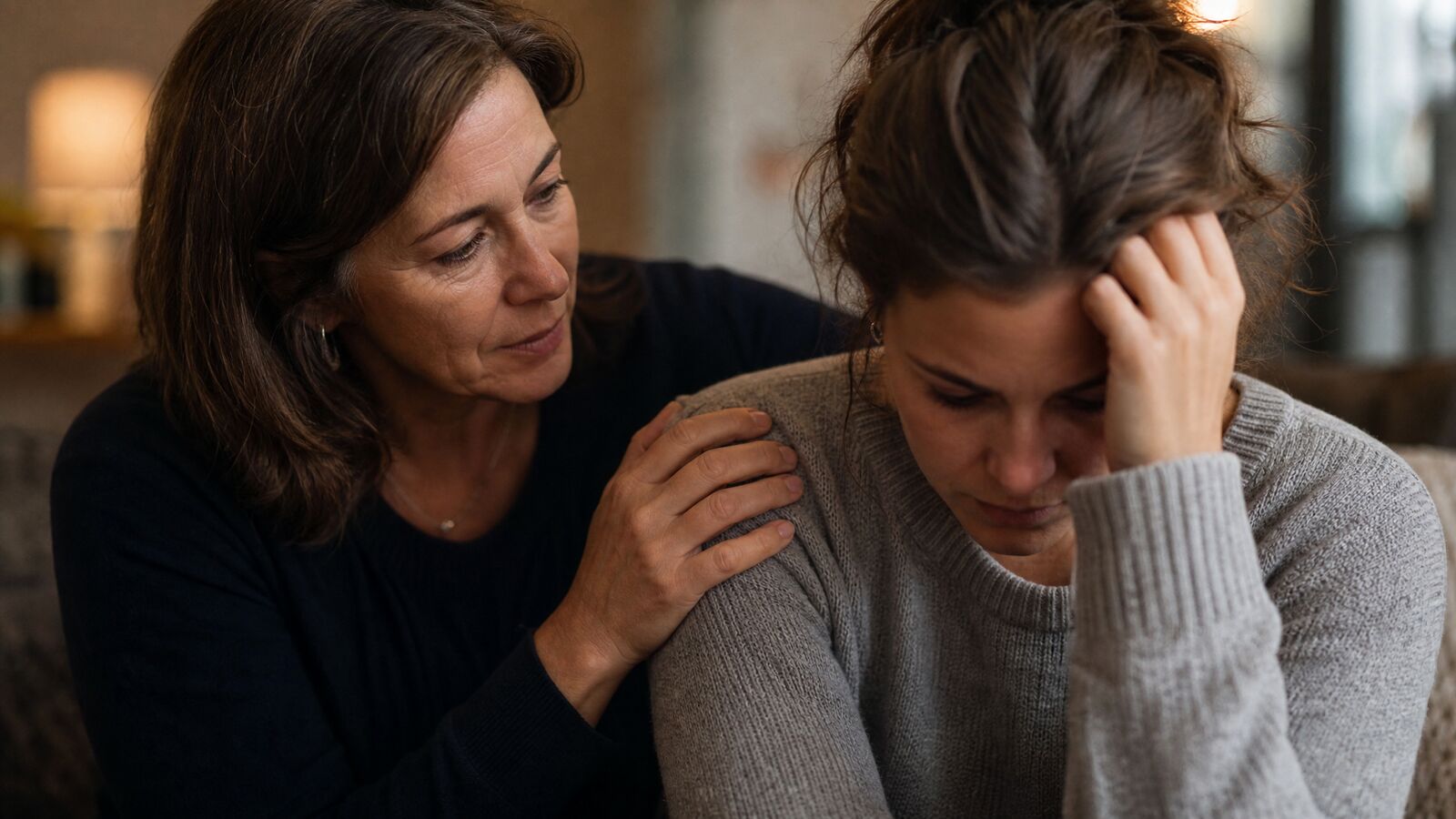 A caring adult comforting a distressed loved one with a hand on the shoulder