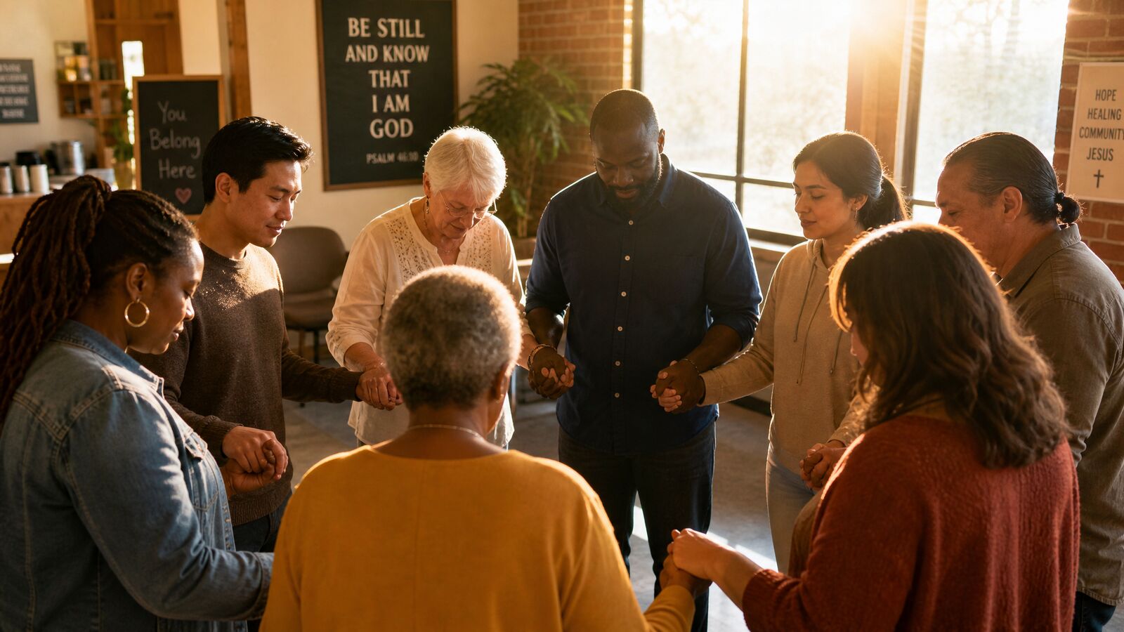 A diverse group of people of many races holding hands together in prayer