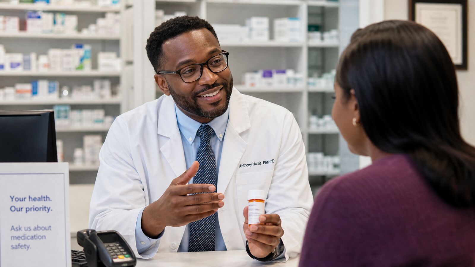 A friendly pharmacist explaining medication to a patient at a clinic counter